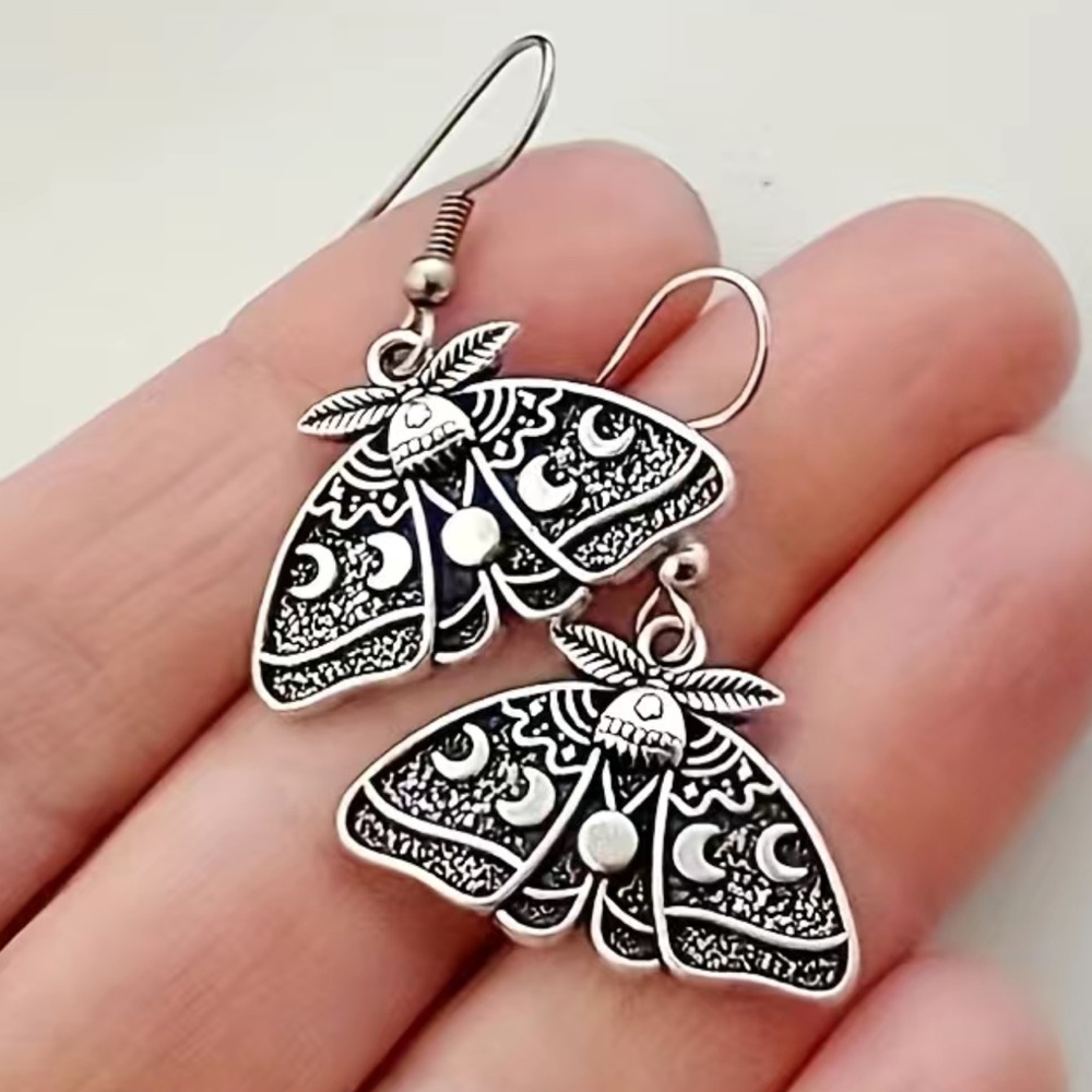 Moth crescent moon silver earrings